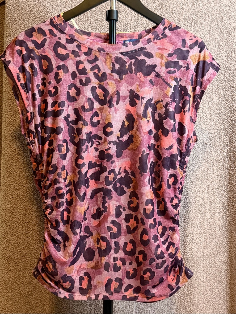 Democracy Pink Leopard Mesh Ruched Keyhole Top Size S
